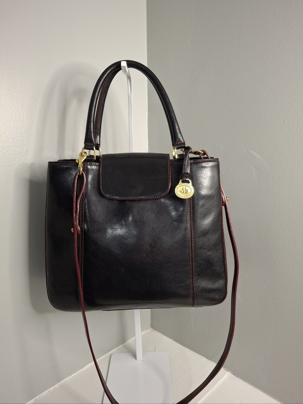 Brahmin Vintage Black Smooth Leather Satchel Top Handle Crossbody Bag EUC